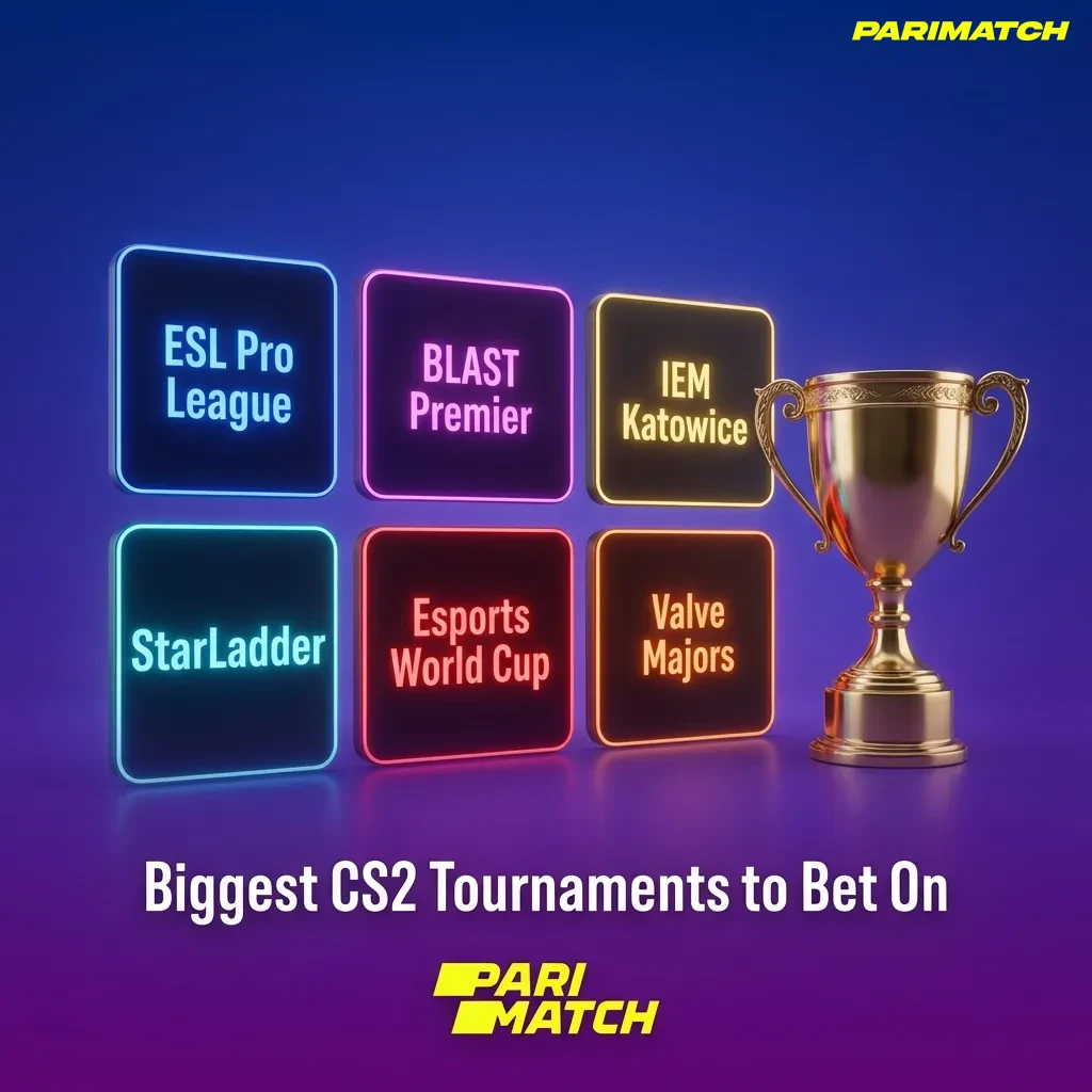 Top CS2 esports tournaments including ESL Pro League, BLAST Premier, IEM Katowice, and Valve Majors for competitive betting — Parimatch in India