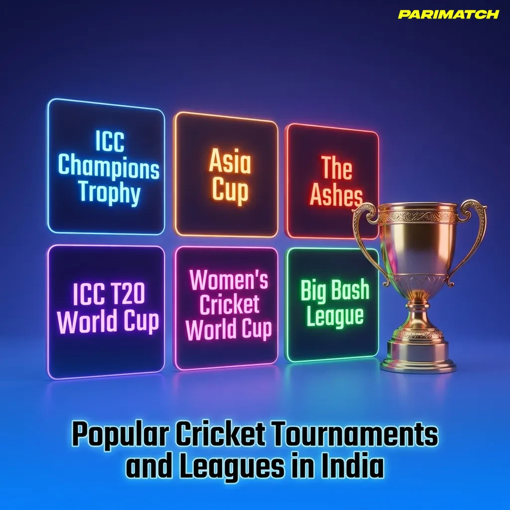 Cricket tournaments display featuring IPL, ICC World Cup, T20 World Cup, The Ashes, and bilateral series betting options — Parimatch in India