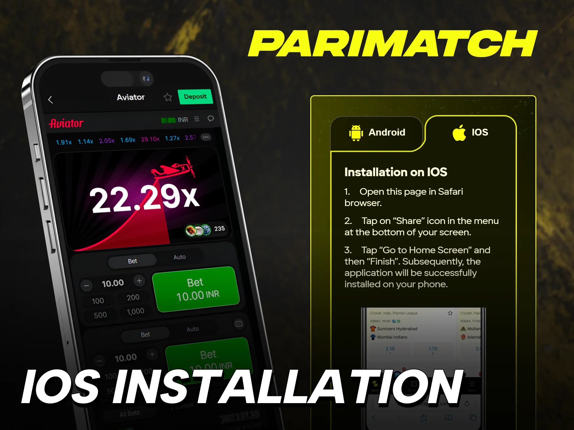 Install the Parimatch Aviator iOS version on your Apple smartphone.
