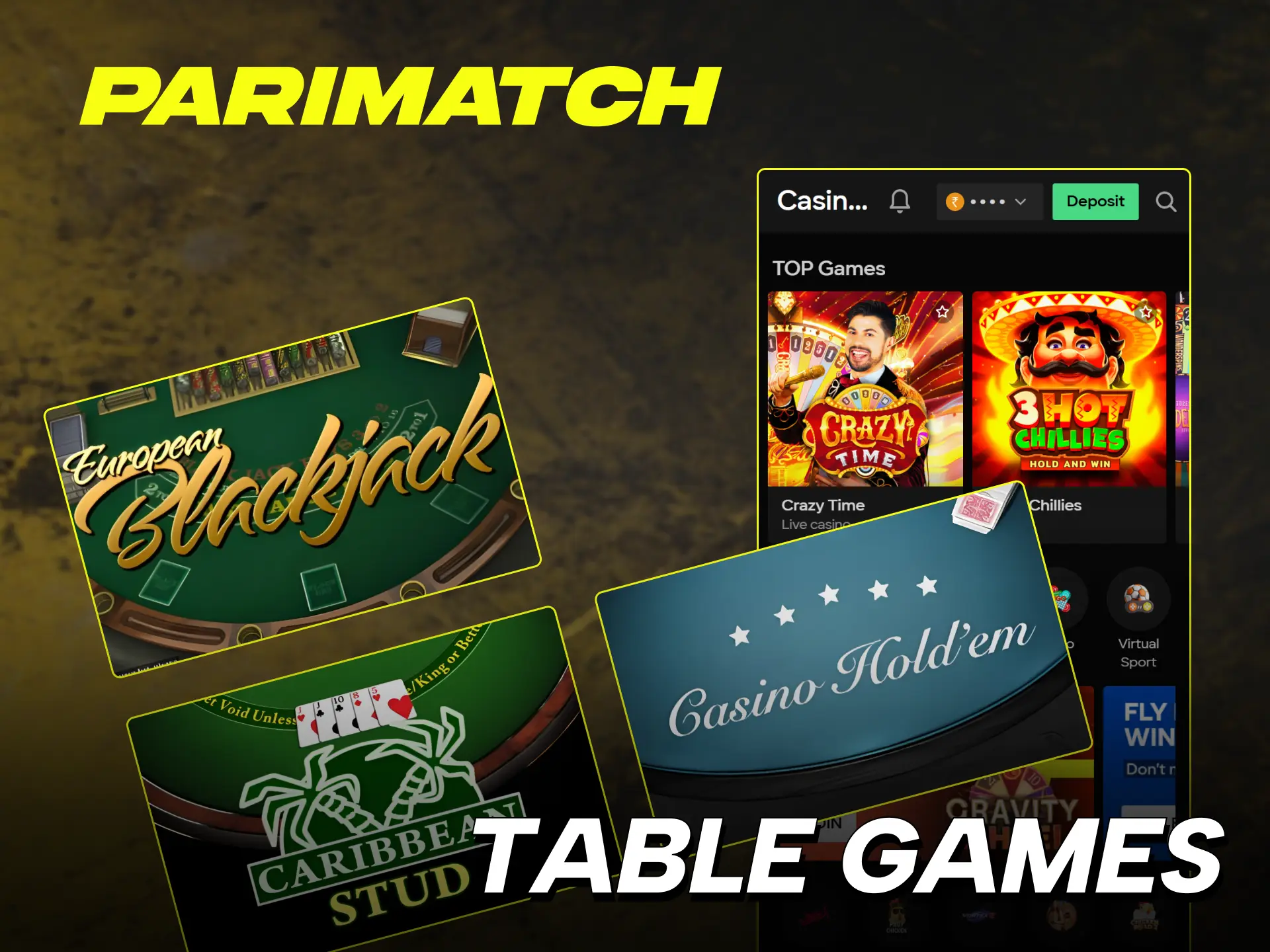 Join professional Parimatch Casino table games like baccarat and poker.