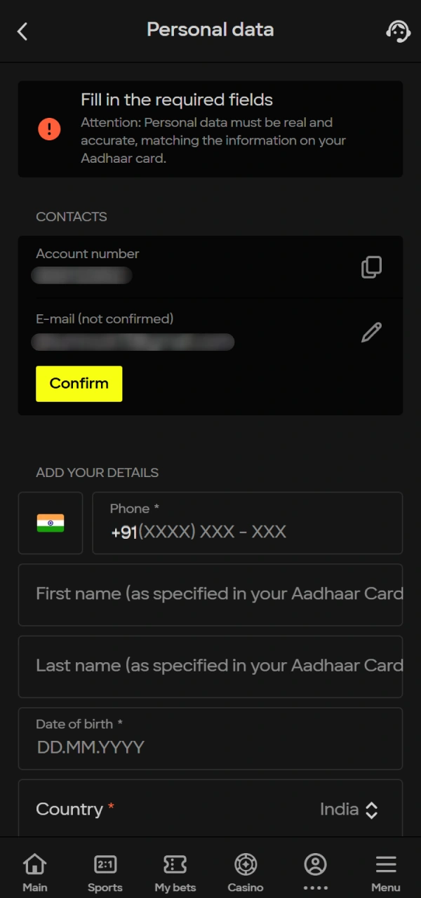 Verify your details to secure your Parimatch Casino account.