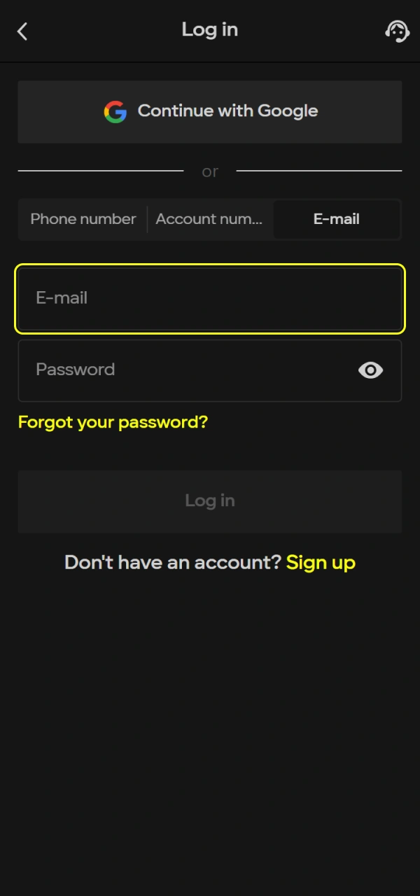 Input your credentials to continue the Parimatch Android Login steps.