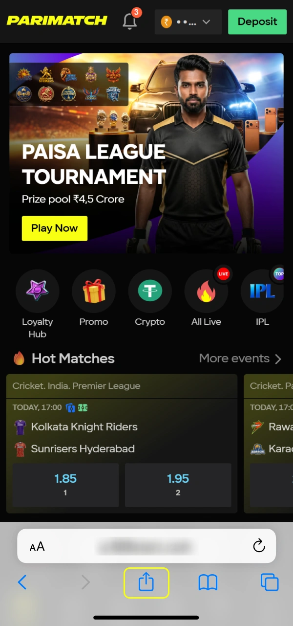 Access your browser options to continue the Parimatch iOS app installation.