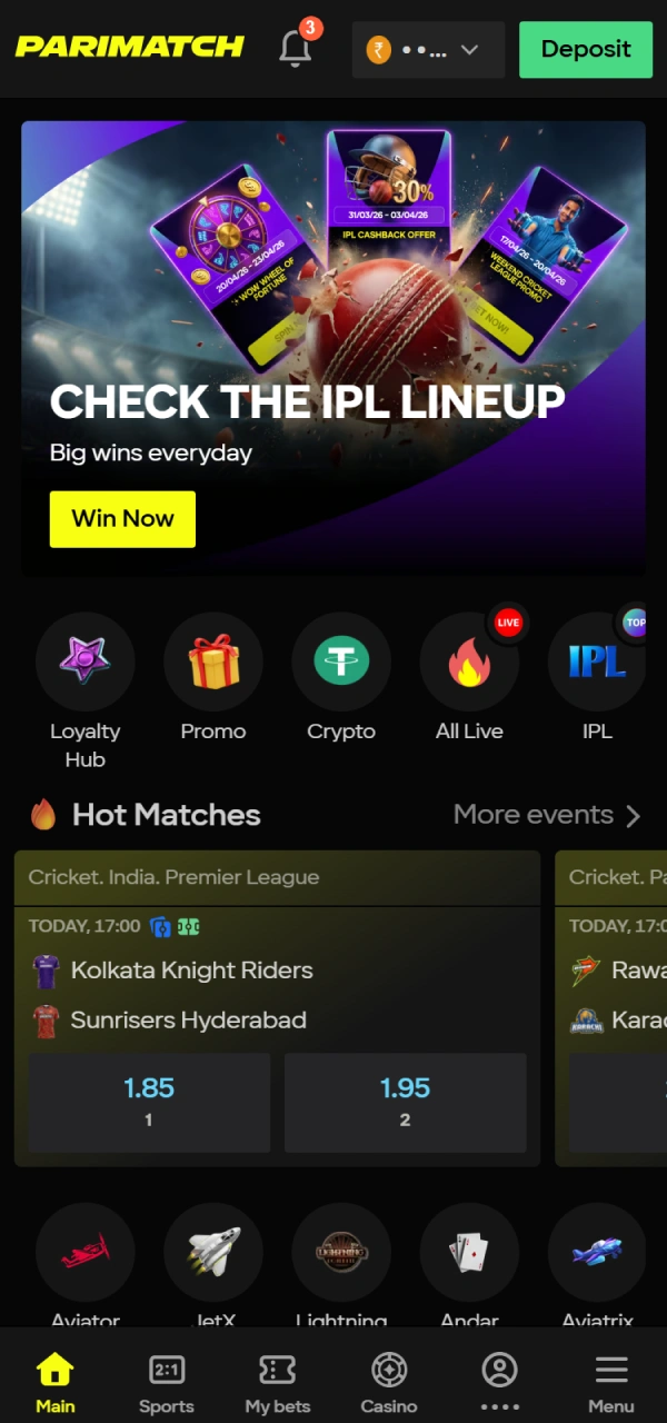 Start betting on cricket after your Parimatch Login via Mobile App.
