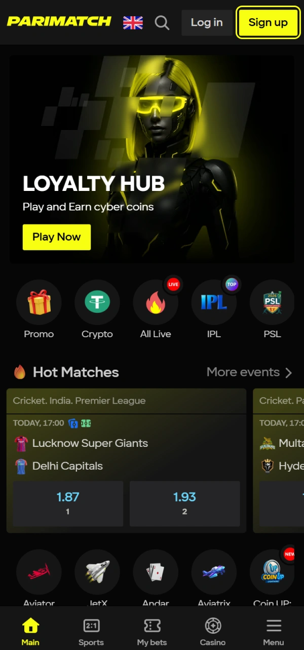 Open the official website to begin the Sign Up on Parimatch journey.