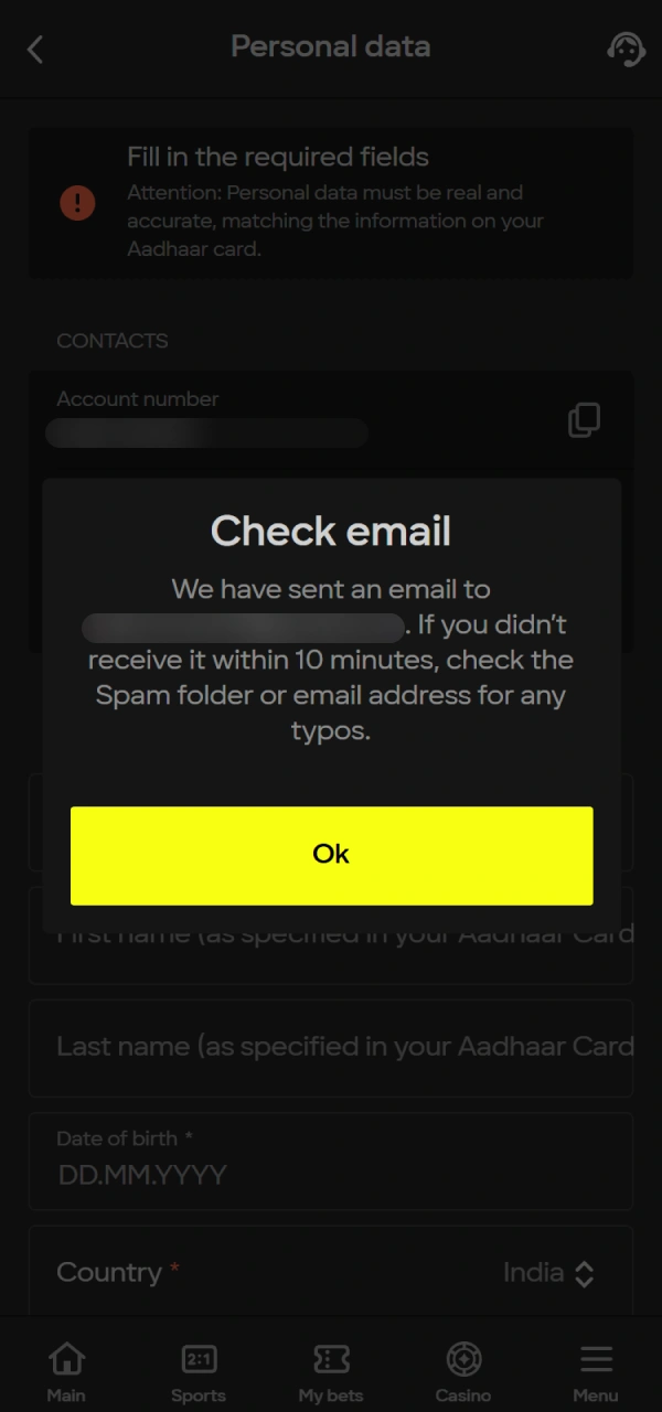 Confirm your contact info as part of the Parimatch Account Verification.